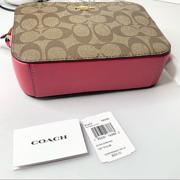 Coach Mini Camera Crossbody Bag In Signature Canvas  Khaki Fushia Pink - Picture 6 of 11